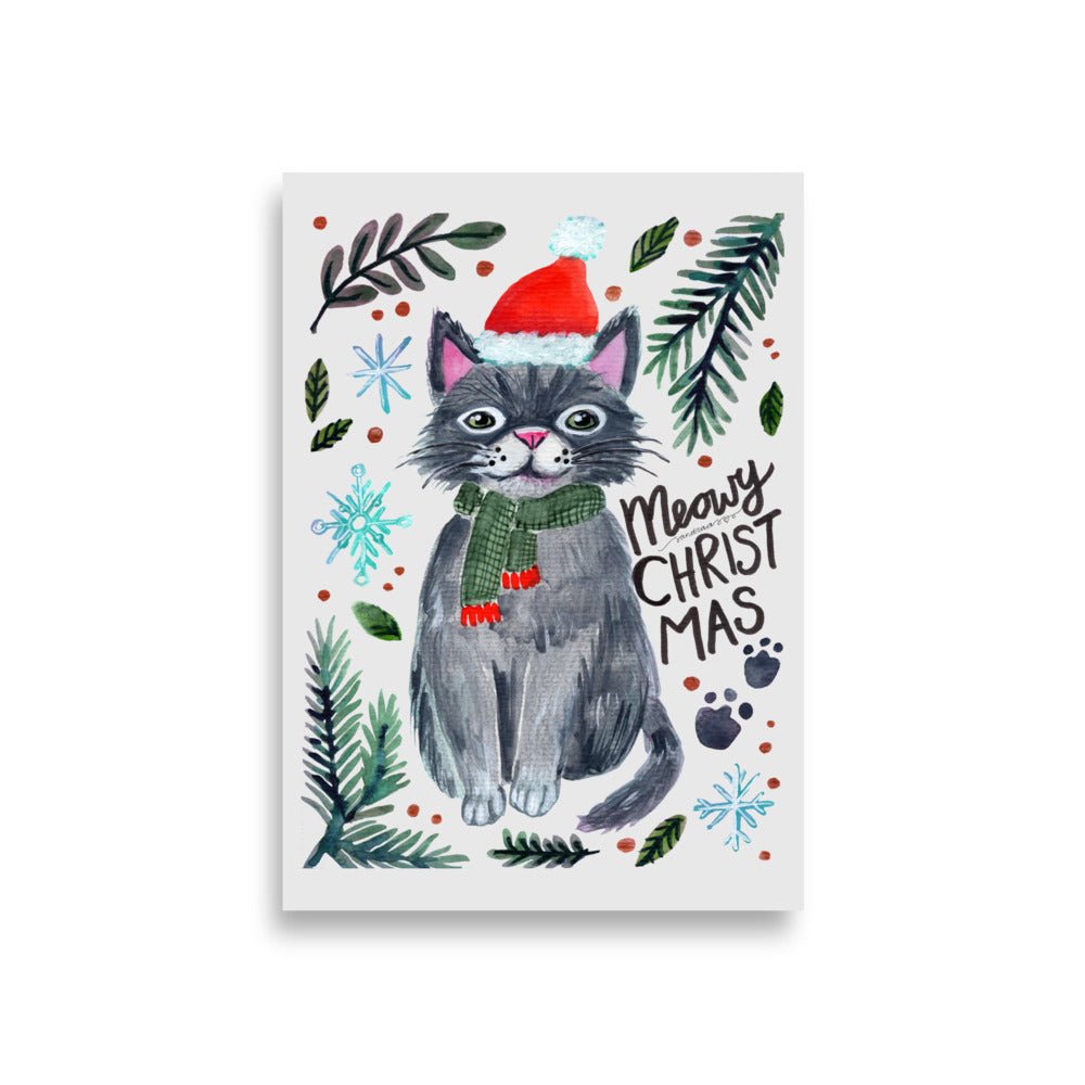 🎄 Meowy Christmas Cat Poster – Whimsical Grey Cat in Santa Hat & Green Scarf 😺🧣✨ Light Grey Background | Museum - Quality Matte Print - SANDRAAS