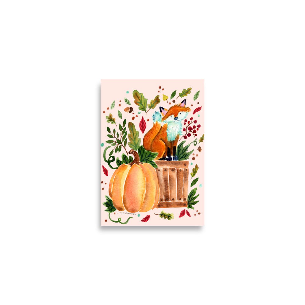 Cozy Autumn Fox Watercolor Poster • Pumpkin & Fall Leaves Wall Art • Woodland Animal Illustration Print - SANDRAAS