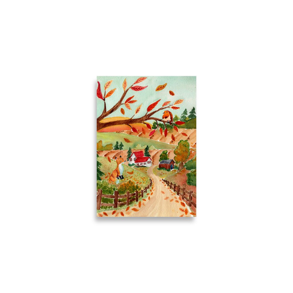 Cozy Autumn Landscape Watercolor Poster • Fox, Barn & Falling Leaves Fall Wall Art • Rustic Countryside Illustration Print - SANDRAAS
