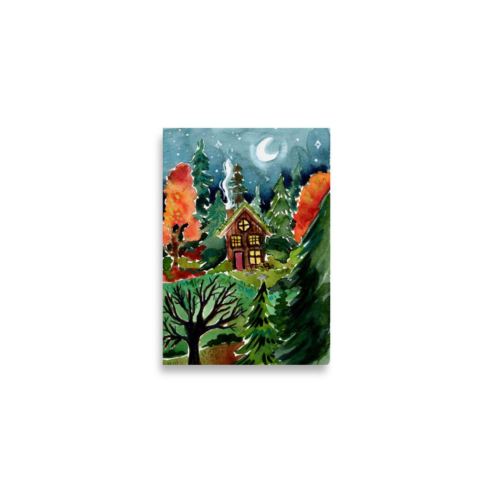 Cozy Autumn Night Forest Poster • Watercolor Cabin in the Woods Wall Art • Moonlit Nature Scene Illustration Print - SANDRAAS