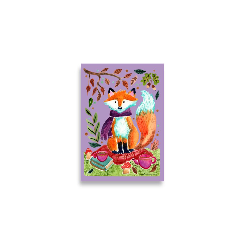 Whimsical Autumn Fox Picnic Poster • Watercolor Woodland Animal Wall Art • Cozy Fall Illustration with Scarf & Blanket - SANDRAAS