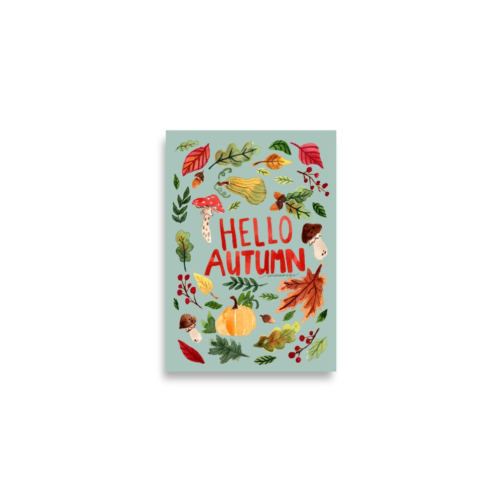 Hello Autumn Poster • Watercolor Pumpkin, Toadstool & Fall Leaves Wall Art • Seasonal Cozy Green Background Illustration Print - SANDRAAS