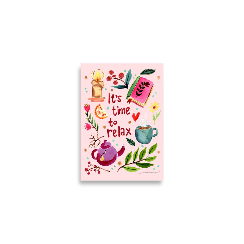 It’s Time to Relax Poster • Watercolor Autumn Books, Candle & Tea Wall Art • Cozy Fall Illustration on Pink Background - SANDRAAS