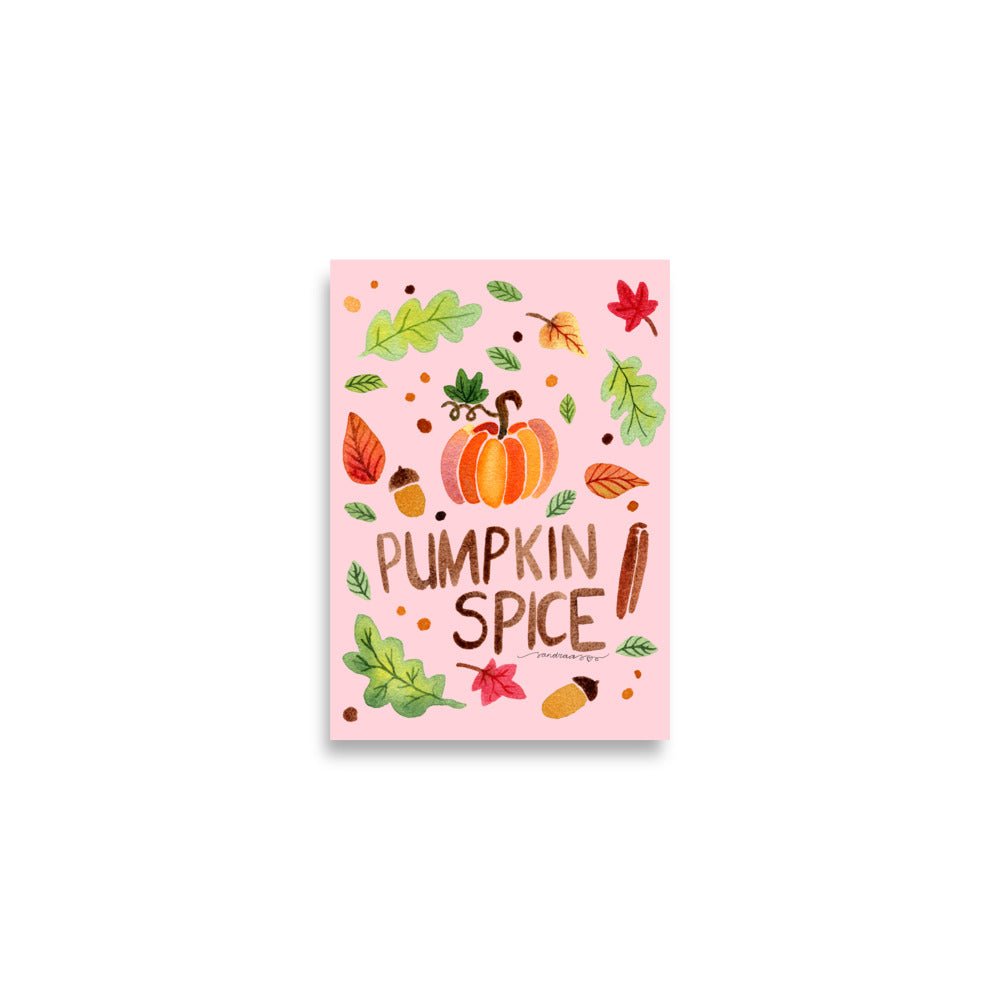 Pumpkin Spice Poster • Watercolor Pumpkin, Cinnamon & Autumn Leaves Wall Art • Cozy Fall Illustration on Pink Background - SANDRAAS