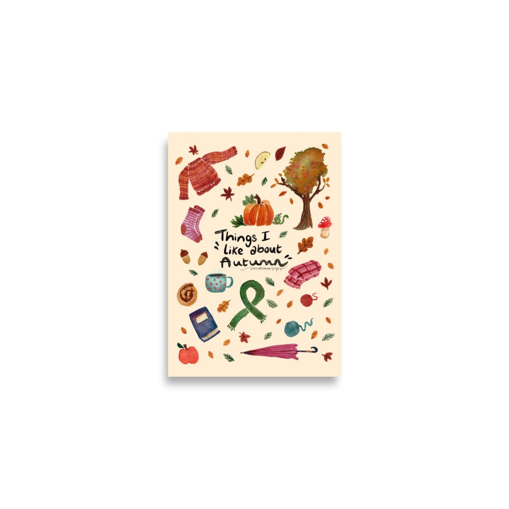 Things I Like About Autumn Poster • Watercolor Cozy Sweater, Pumpkin, Socks & Tea Wall Art • Hygge Fall Illustration Print - SANDRAAS