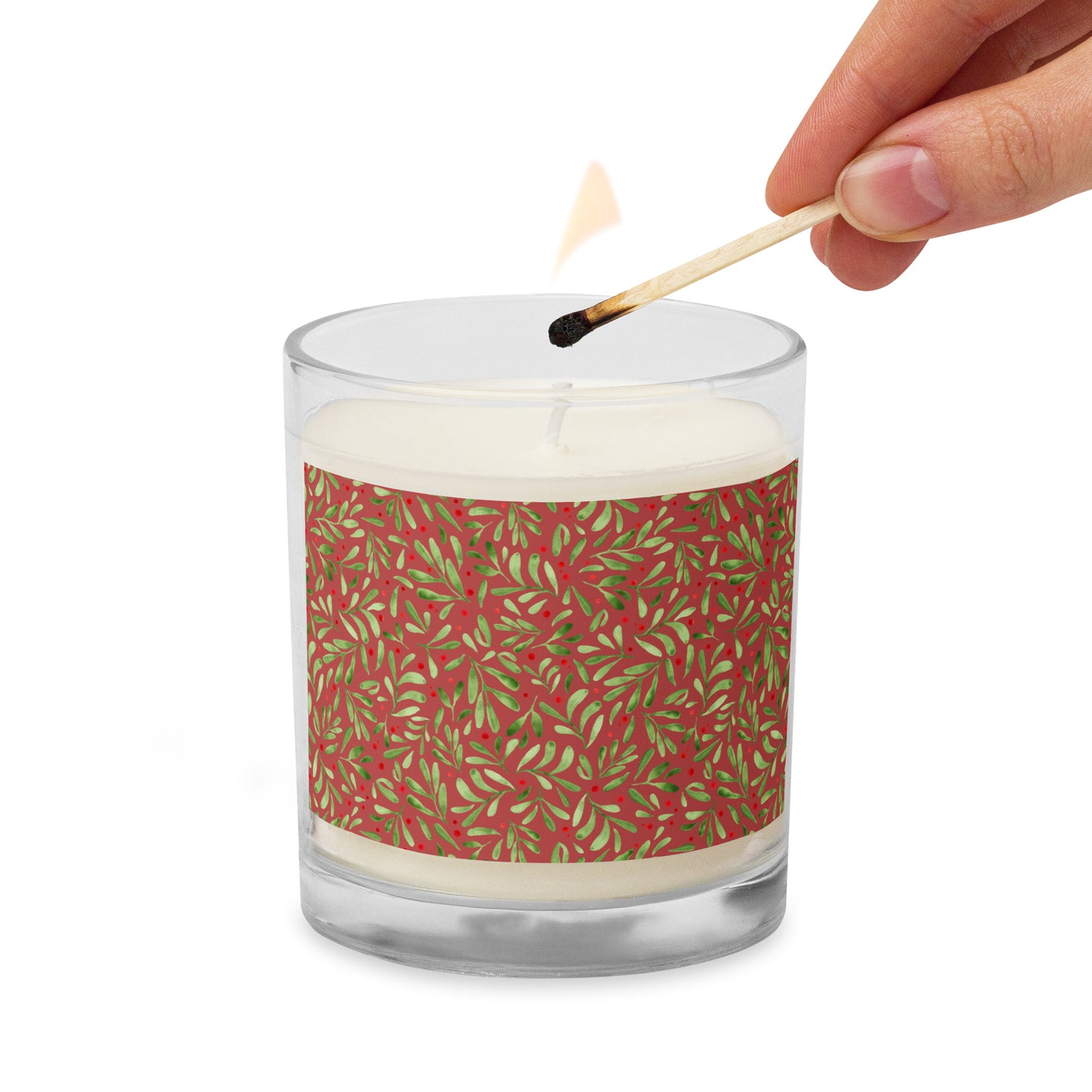 Glass jar soy wax candle - Red winter leaves