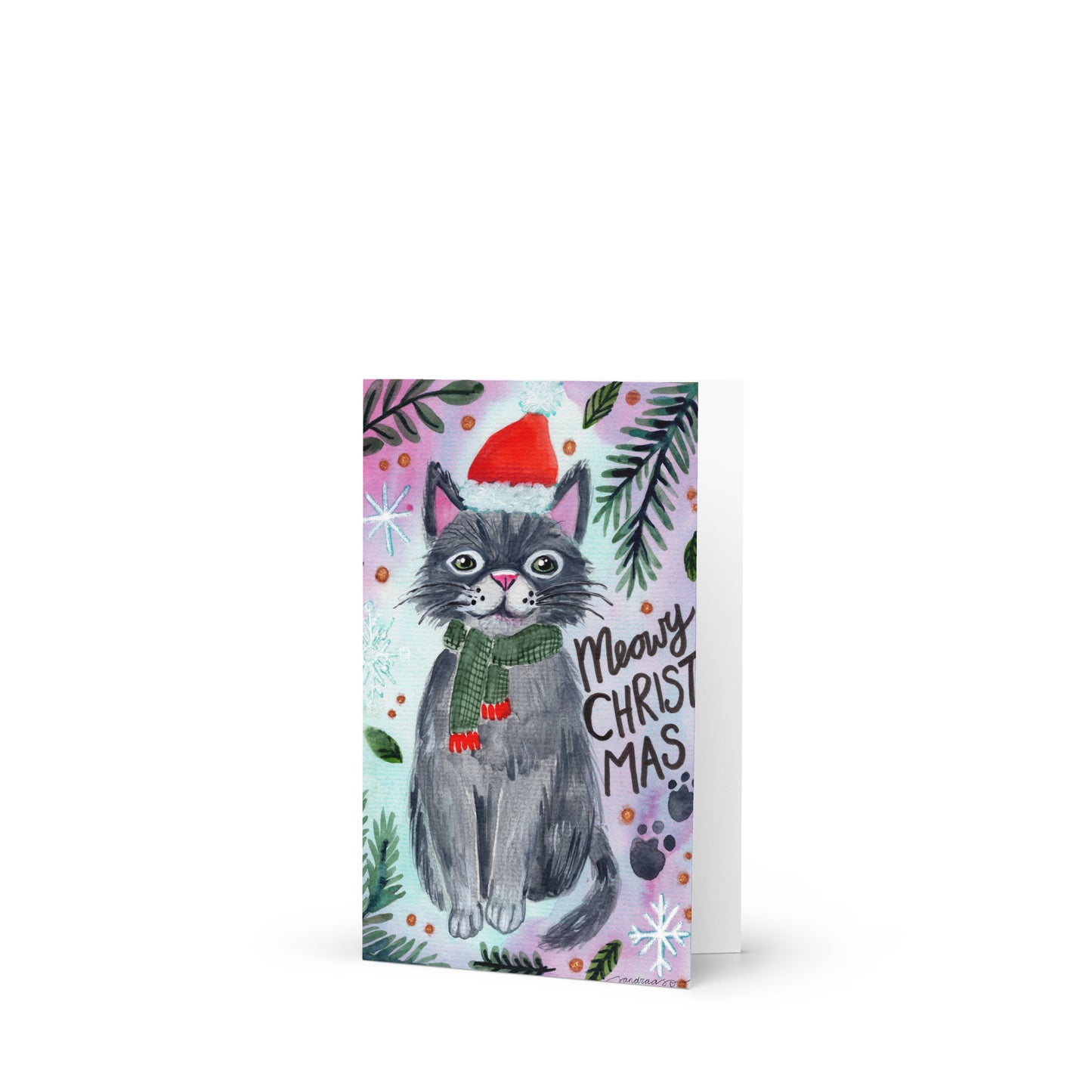 🎄 Meowy Christmas Cat Greeting Card – Whimsical Grey Cat in Green Scarf & Santa Hat 😺🧣✨ Holiday Card with Envelope - SANDRAAS