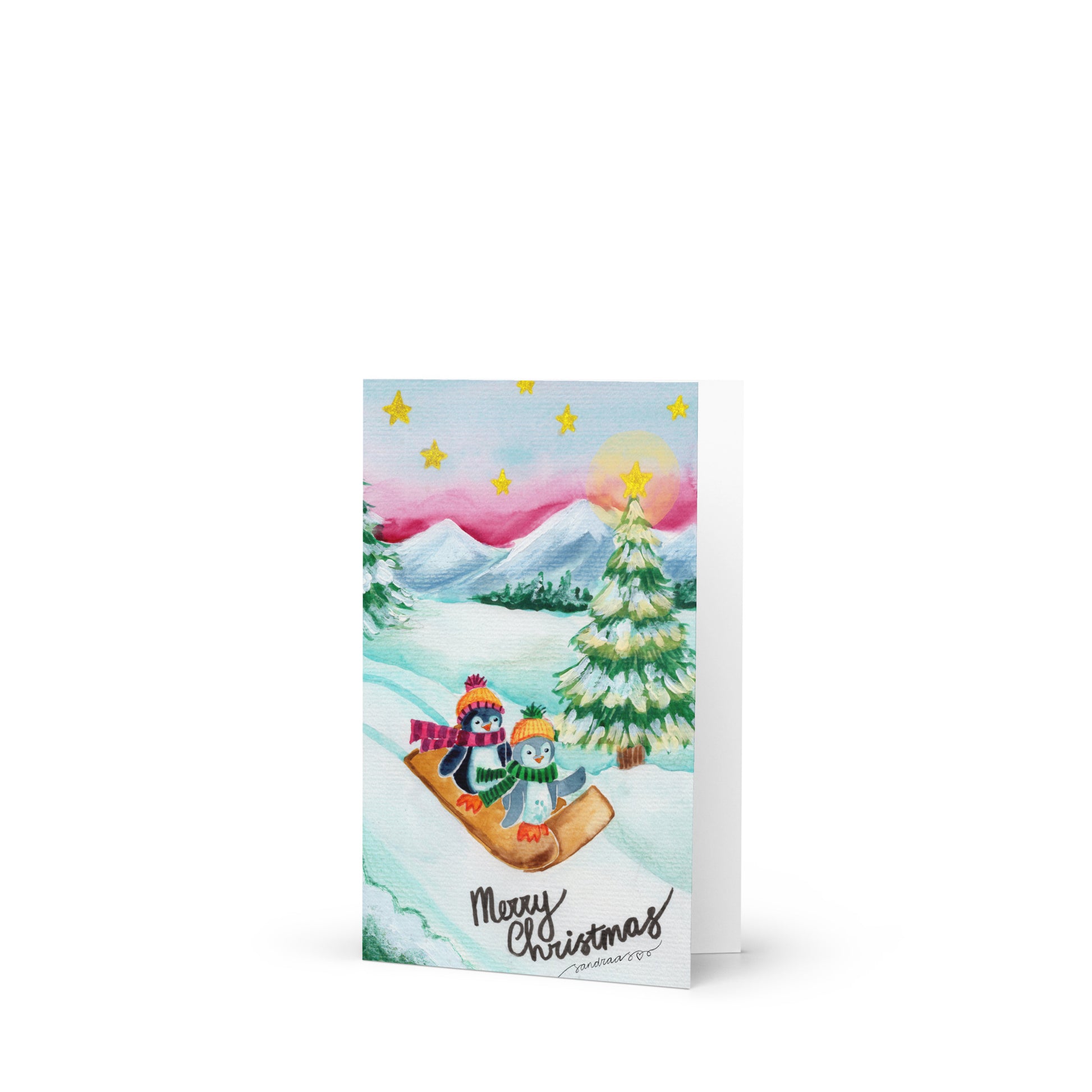 🎄 Merry Christmas Penguin Sleigh Card – Whimsical Watercolor Penguins on a Snowy Sleigh Ride 🐧🛷❄️✨ Greeting Card with Envelope - SANDRAAS