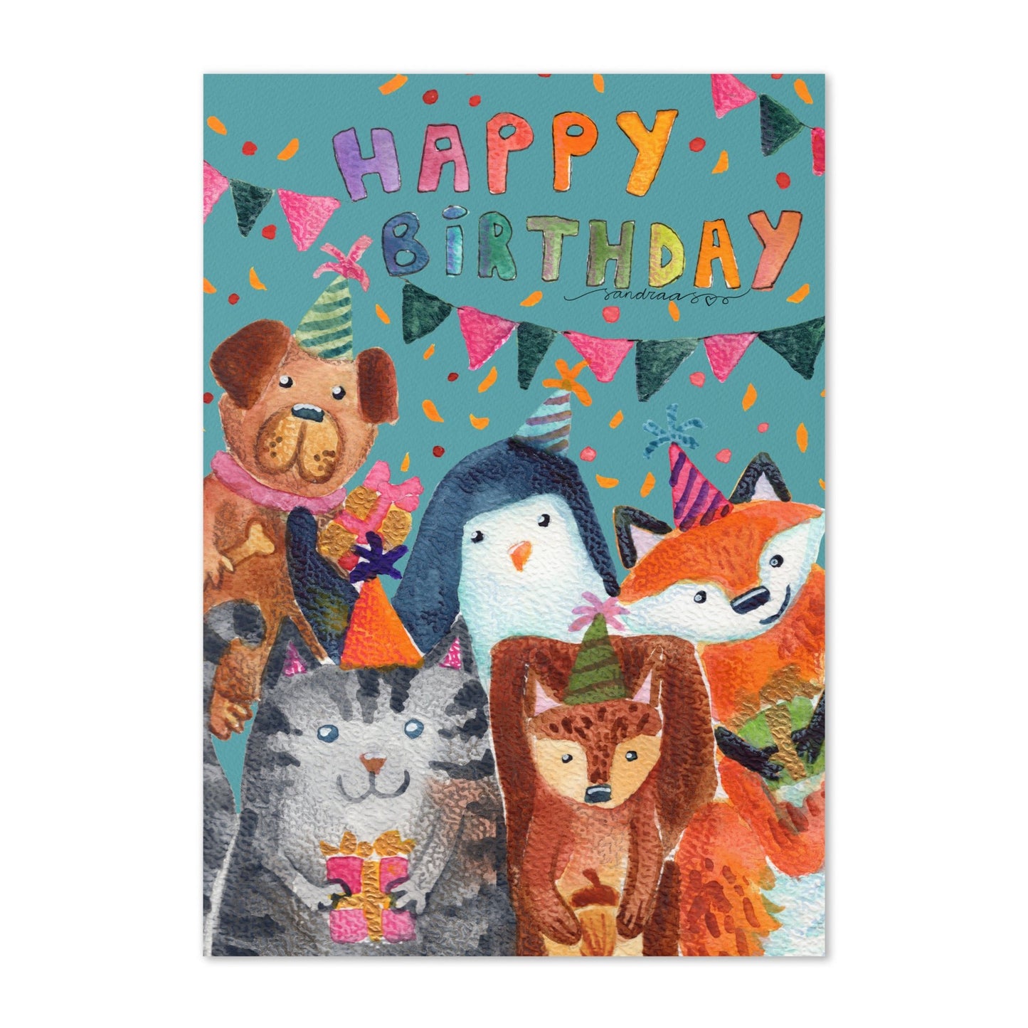 Whimsical Animal Birthday Card – Watercolor Illustration “Happy Birthday” - SANDRAAS