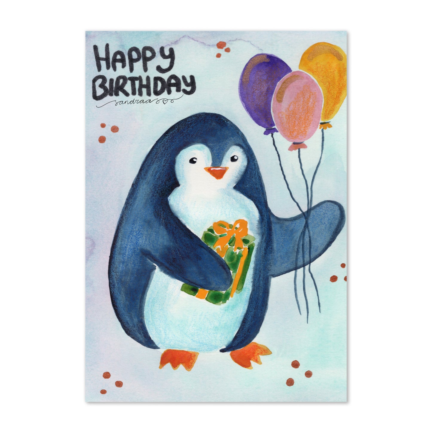 Happy Birthday Card – Watercolor Penguin with Balloon on Blue Textured Background - SANDRAAS
