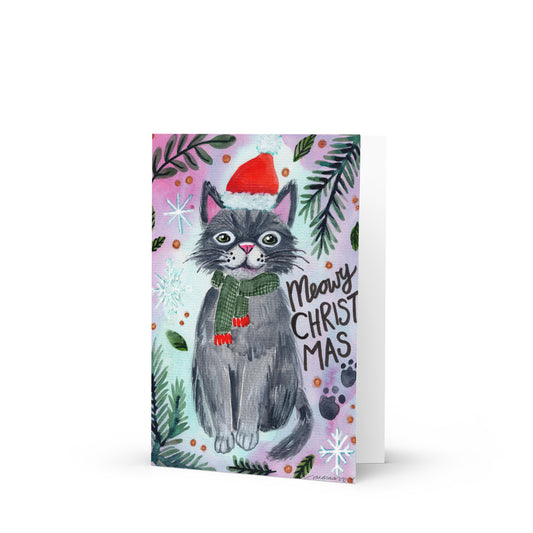 🎄 Meowy Christmas Cat Greeting Card – Whimsical Grey Cat in Green Scarf & Santa Hat 😺🧣✨ Holiday Card with Envelope - SANDRAAS