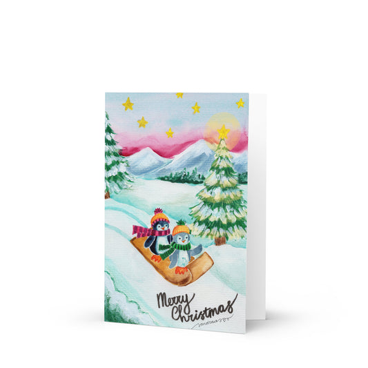 🎄 Merry Christmas Penguin Sleigh Card – Whimsical Watercolor Penguins on a Snowy Sleigh Ride 🐧🛷❄️✨ Greeting Card with Envelope - SANDRAAS