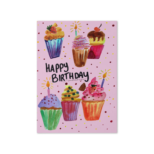 Happy Birthday Card – Watercolor Cupcakes on Pink Background - SANDRAAS