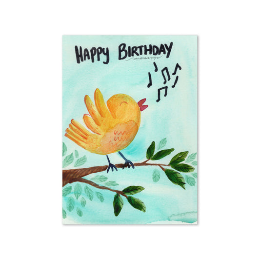 Happy Birthday Card – Whimsical Yellow Bird on Blue Watercolor Background - SANDRAAS