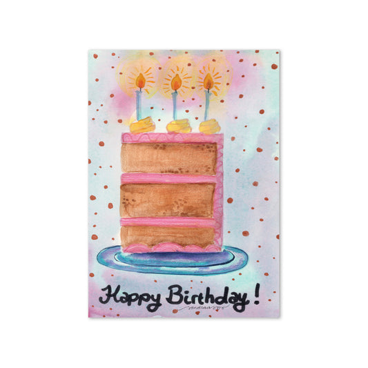 Happy Birthday Card – Whimsical Watercolor Cake on Blue & Pink Background - SANDRAAS