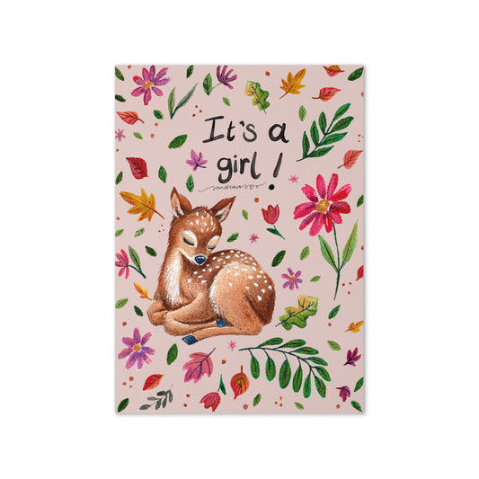 It’s a Girl Baby Card – Watercolor Sleeping Deer on Pink Background - SANDRAAS