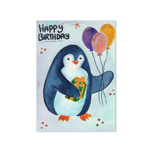 Happy Birthday Card – Watercolor Penguin with Balloon on Blue Textured Background - SANDRAAS