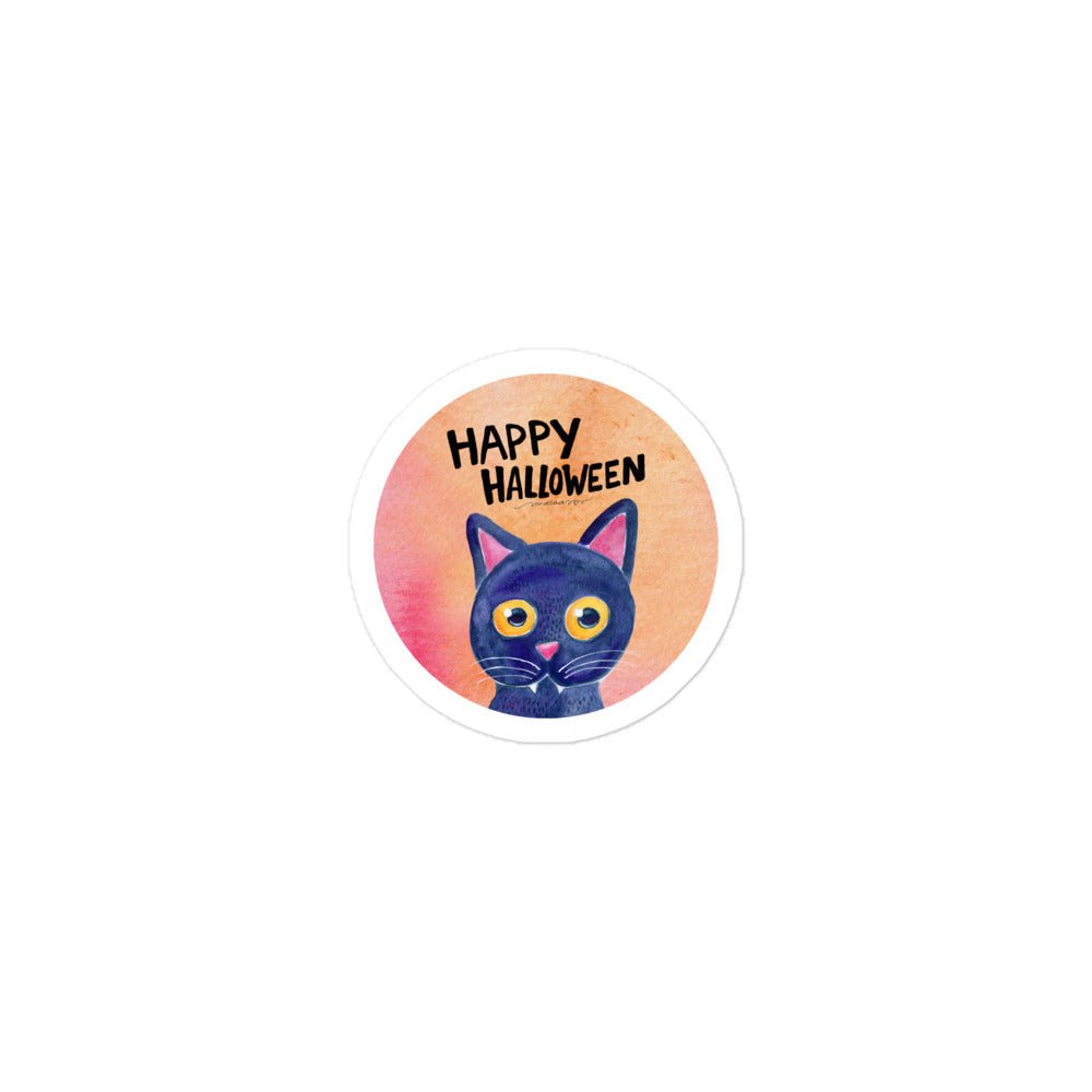 Happy Halloween Black Cat Sticker • Watercolor Whimsical Cat & Hand Lettering Vinyl Decal • Bubble - Free Spooky Sticker - SANDRAAS