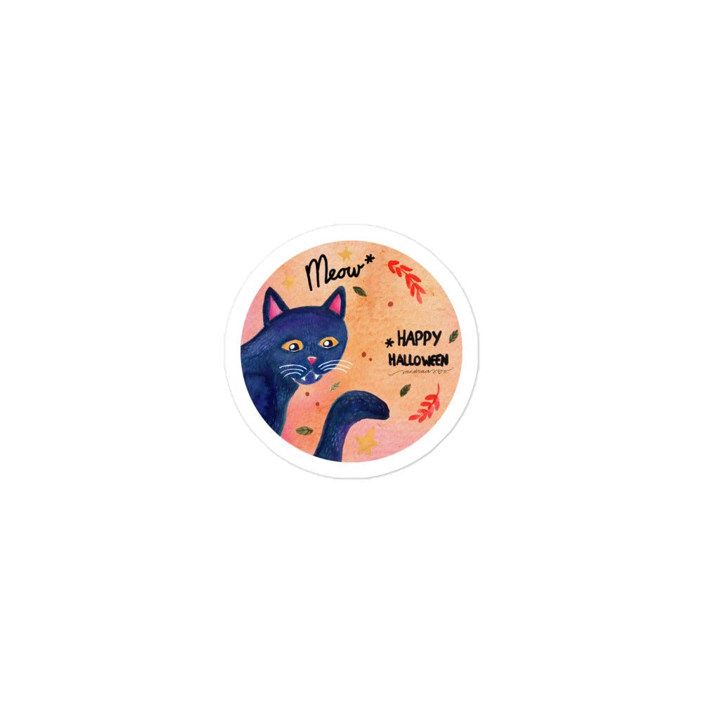 Meow Black Cat Halloween Sticker • Watercolor Cat & Hand Lettering Vinyl Decal • Bubble - Free Spooky Cute Sticker - SANDRAAS