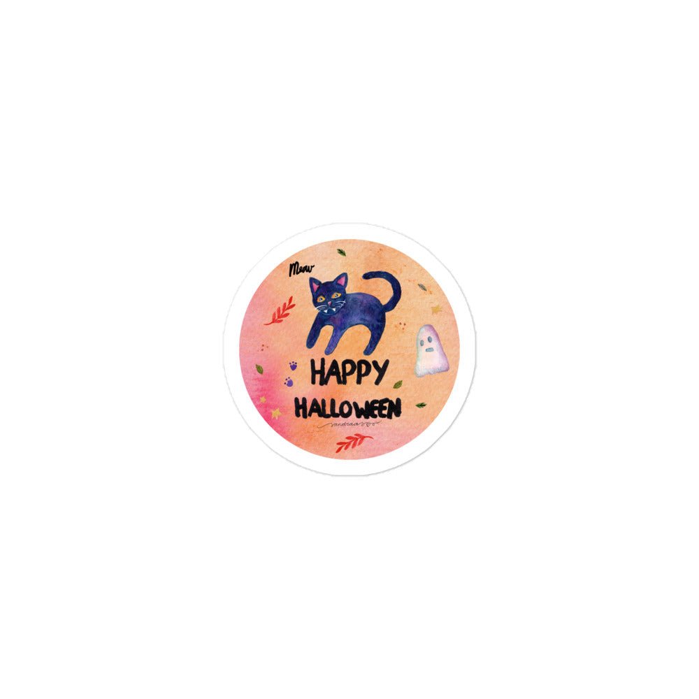Meow Black Cat Halloween Sticker • Watercolor Cat & Happy Halloween Text Vinyl Decal • Bubble - Free Spooky Cute Sticker - SANDRAAS