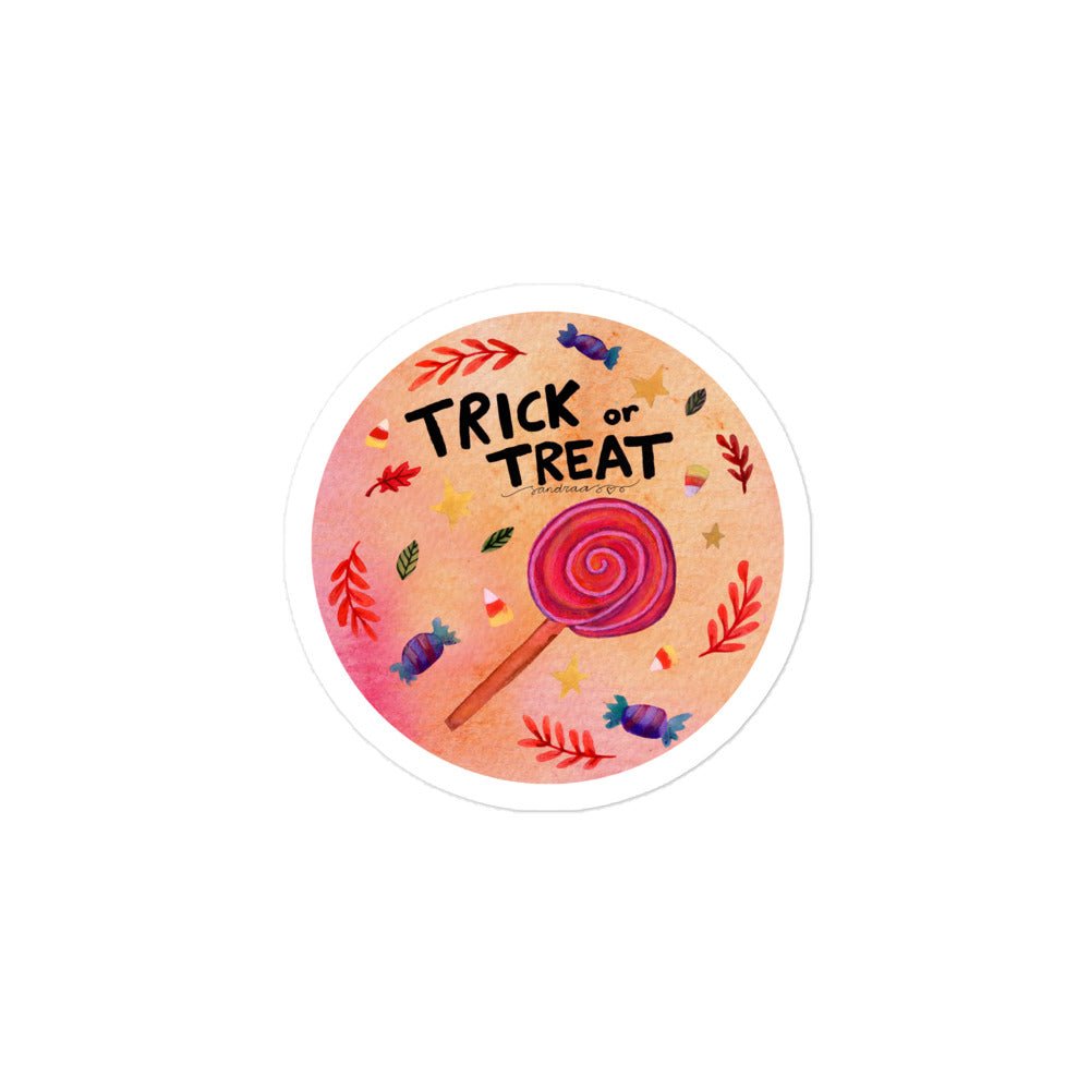 Trick or Treat Halloween Sticker • Watercolor Candy & Hand Lettering Vinyl Decal • Pastel Bubble - Free Adhesive Sticker - SANDRAAS