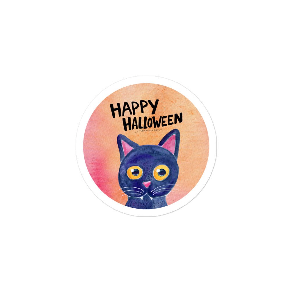 Happy Halloween Black Cat Sticker • Watercolor Whimsical Cat & Hand Lettering Vinyl Decal • Bubble - Free Spooky Sticker - SANDRAAS