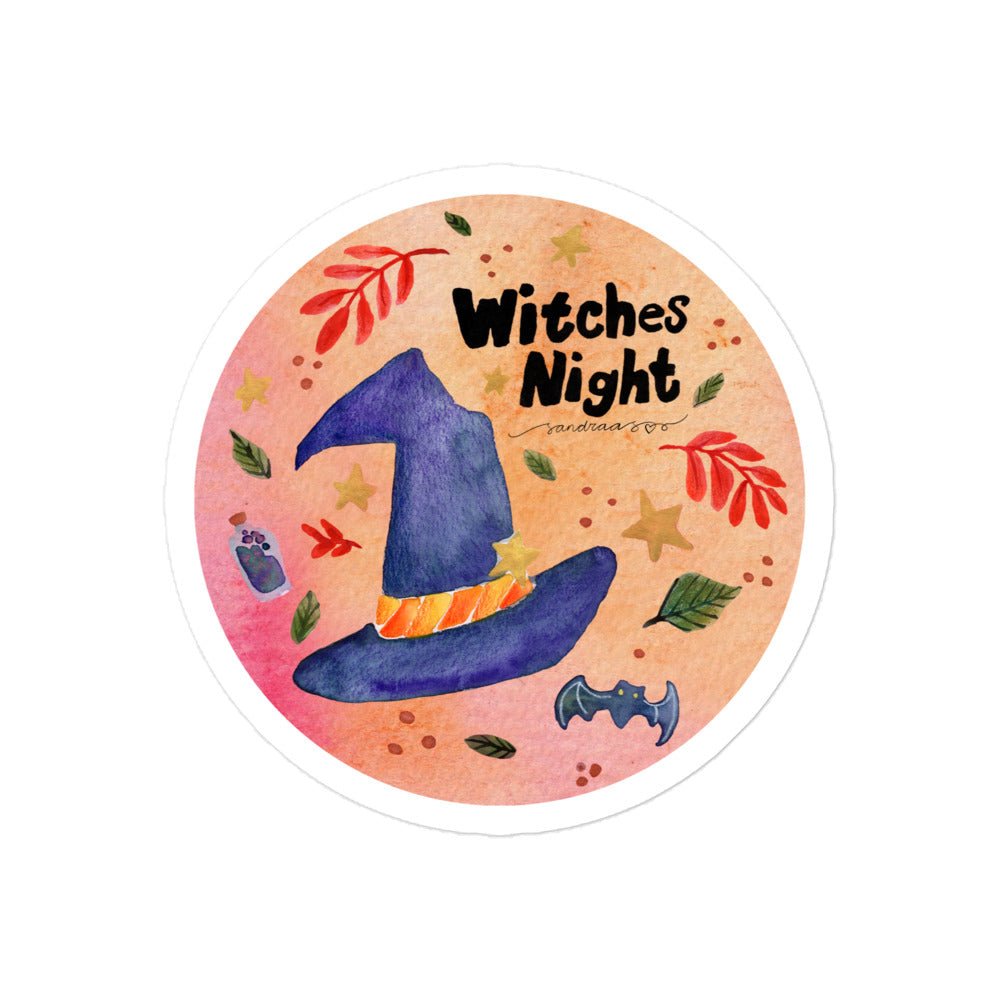 Witches Night Halloween Sticker • Watercolor Witchy Items & Hand Lettering Vinyl Decal • Bubble - Free Spooky Sticker - SANDRAAS