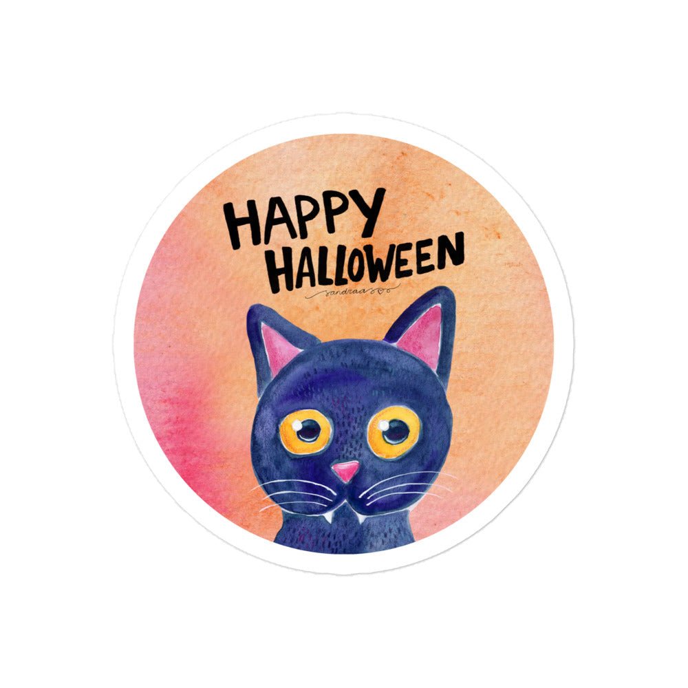 Happy Halloween Black Cat Sticker • Watercolor Whimsical Cat & Hand Lettering Vinyl Decal • Bubble - Free Spooky Sticker - SANDRAAS