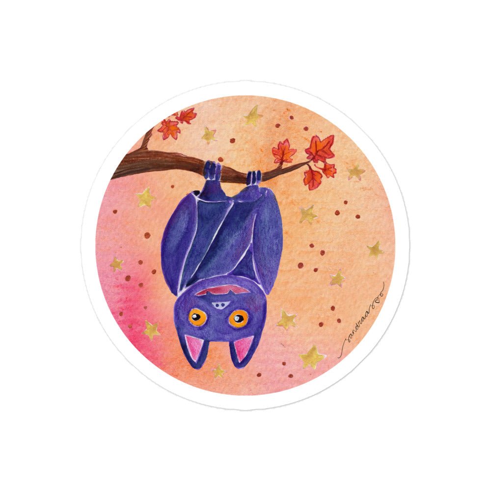 Whimsical Bat Halloween Sticker • Watercolor Bat Hanging from Tree Branch Vinyl Decal • Bubble - Free Spooky Sticker - SANDRAAS
