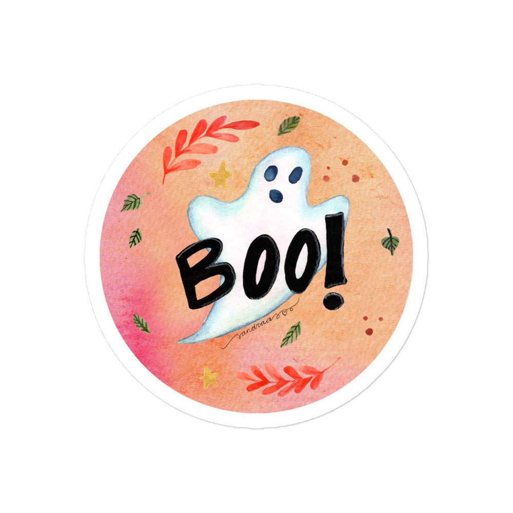 Boo! Ghost Halloween Sticker • Watercolor Ghost & Hand Lettering Vinyl Decal • Bubble - Free Pastel Spooky Sticker - SANDRAAS