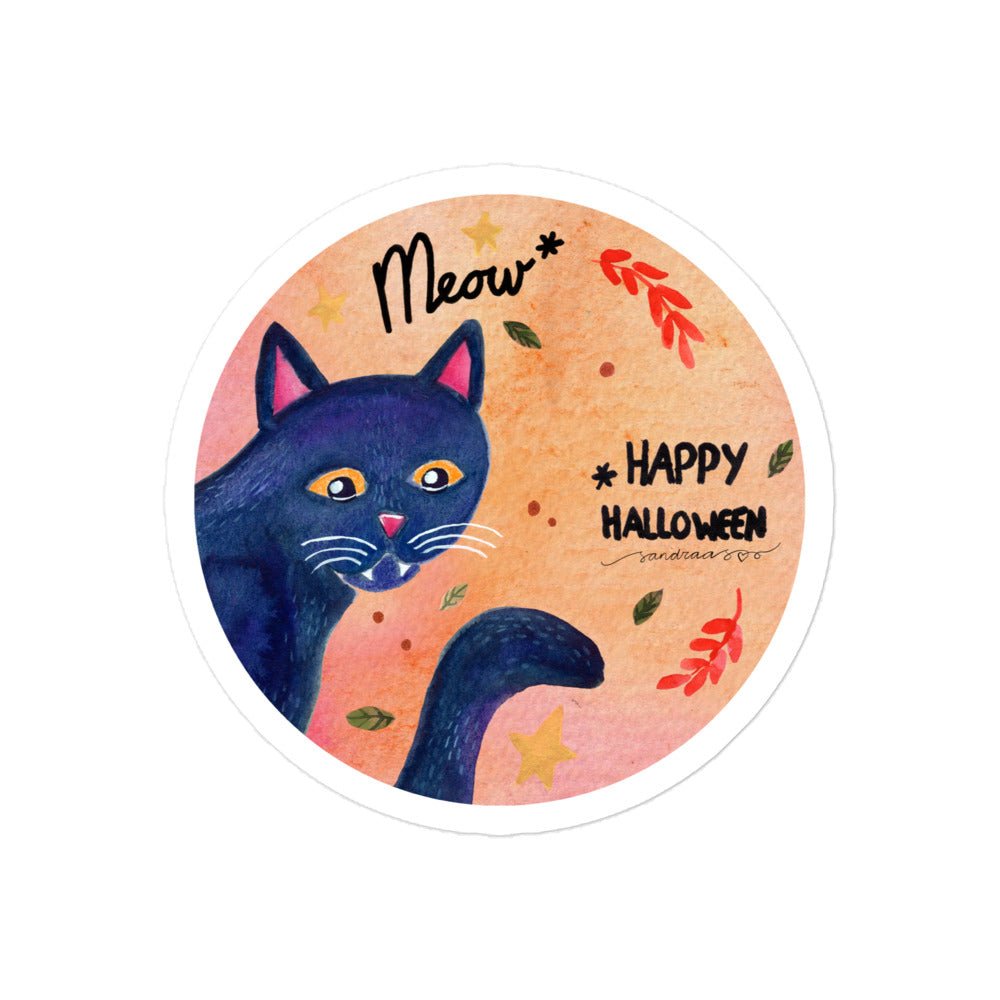Meow Black Cat Halloween Sticker • Watercolor Cat & Hand Lettering Vinyl Decal • Bubble - Free Spooky Cute Sticker - SANDRAAS