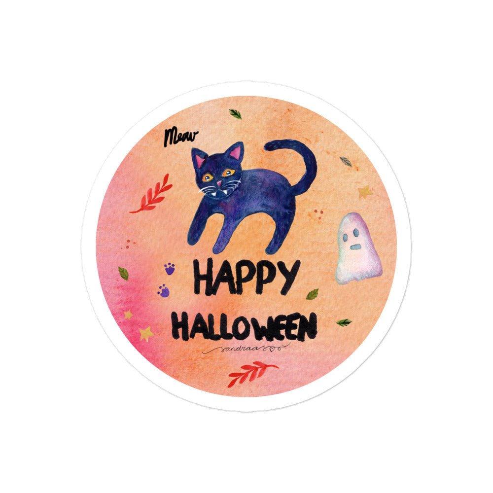 Meow Black Cat Halloween Sticker • Watercolor Cat & Happy Halloween Text Vinyl Decal • Bubble - Free Spooky Cute Sticker - SANDRAAS