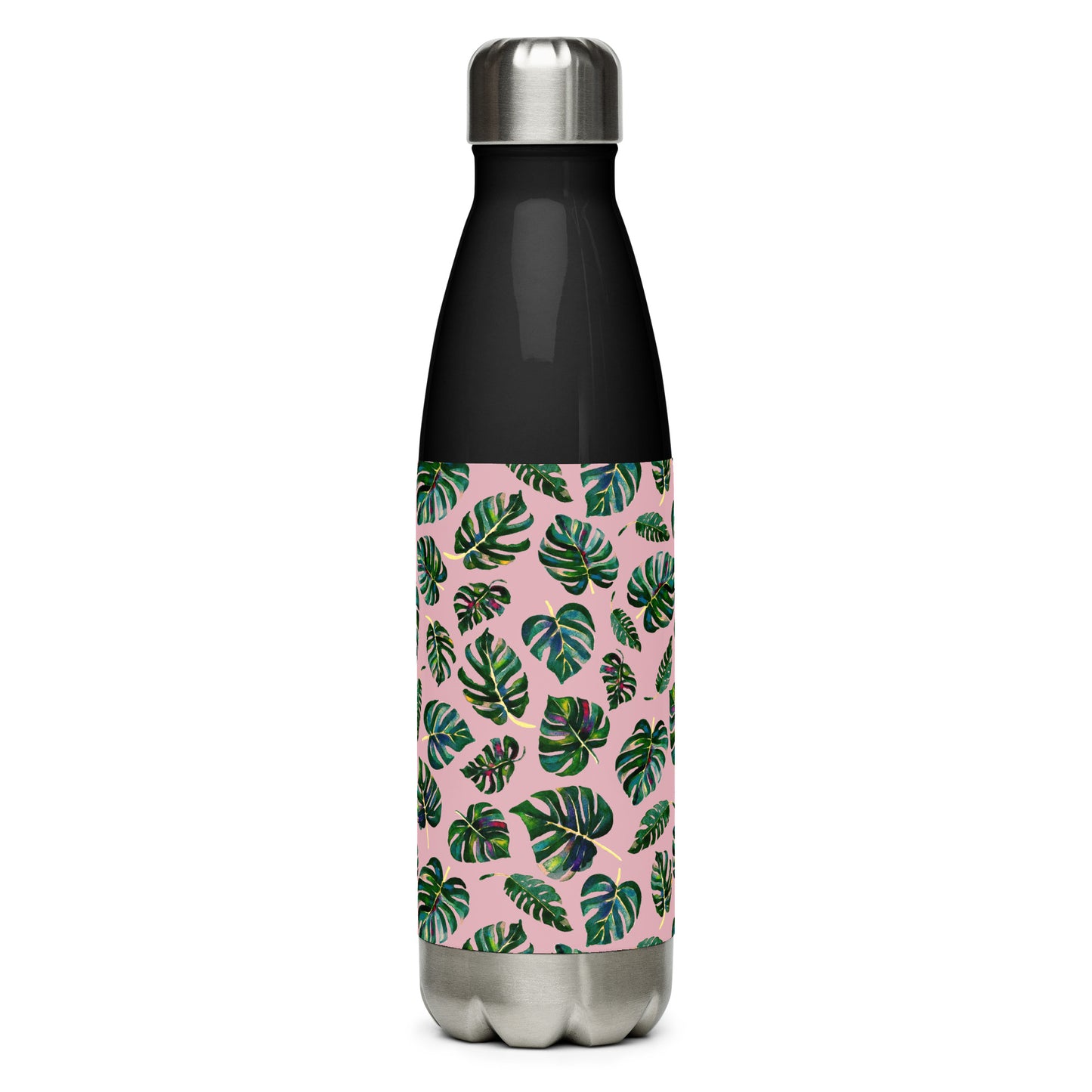 Stainless steel water bottle - Monstera Leaves - Pink