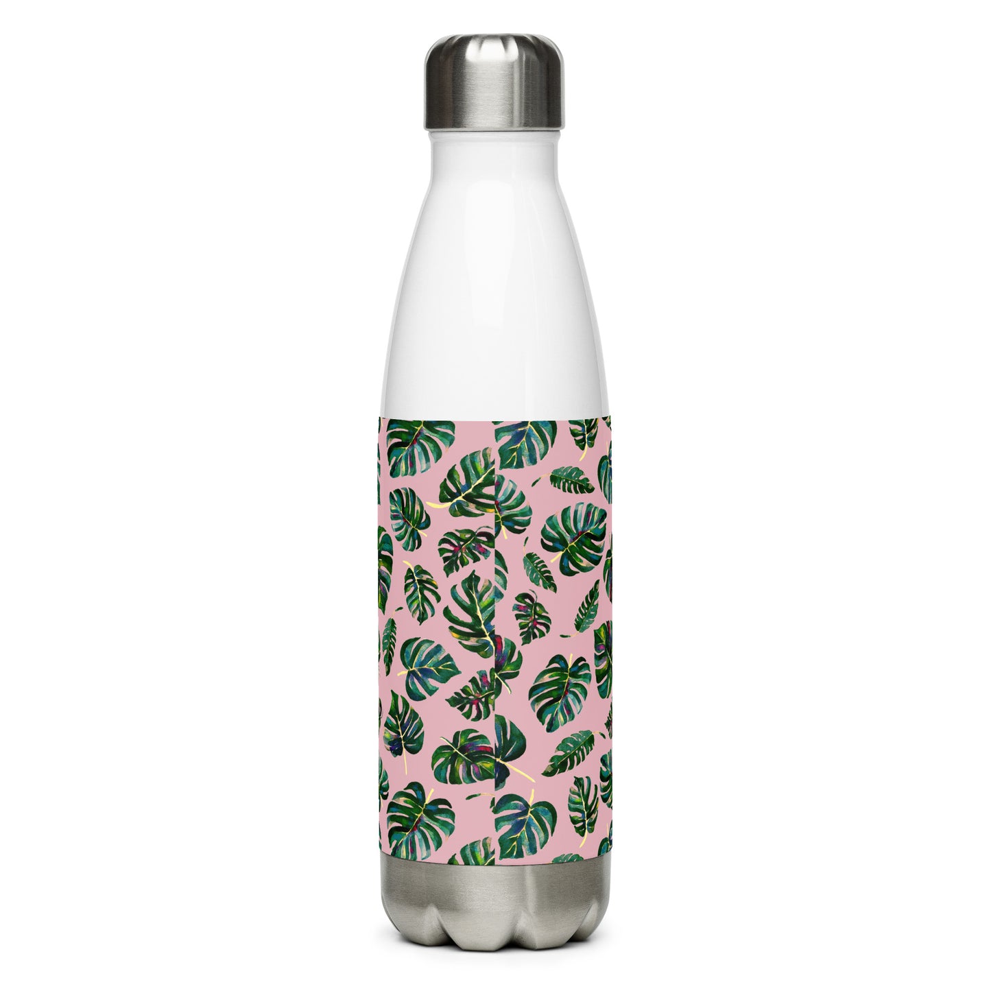 Stainless steel water bottle - Monstera Leaves - Pink