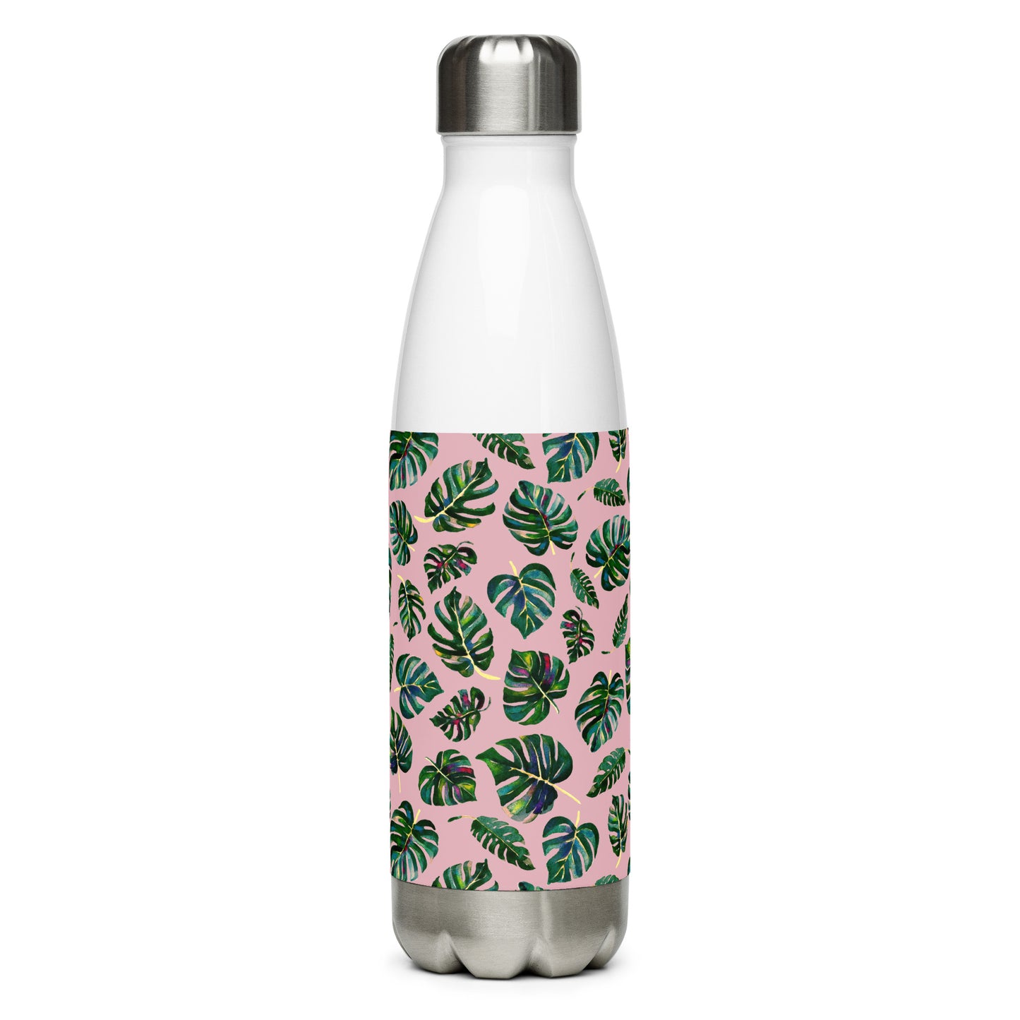 Stainless steel water bottle - Monstera Leaves - Pink