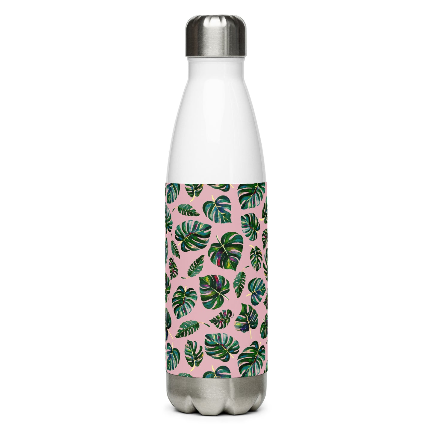 Stainless steel water bottle - Monstera Leaves - Pink