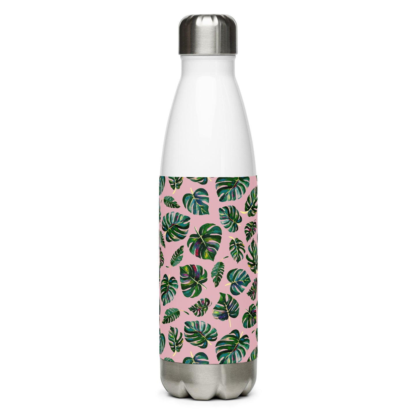 Stainless steel water bottle - Monstera Leaves - Pink