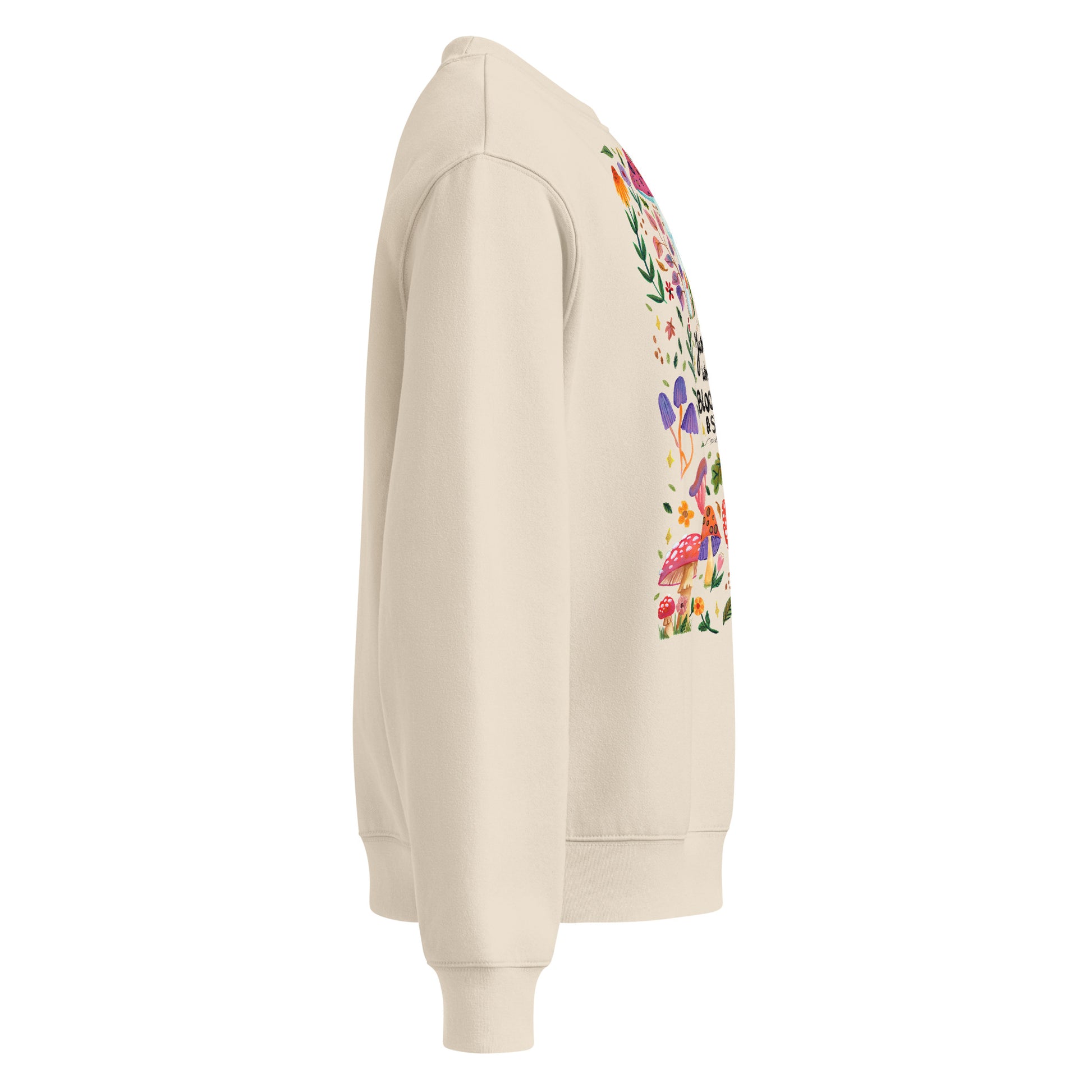 Just a Girl Who Loves Blooms & Shrooms Oversized Sweatshirt • Cream Heavyweight Fleece with Watercolor Mushrooms & Flowers - SANDRAAS