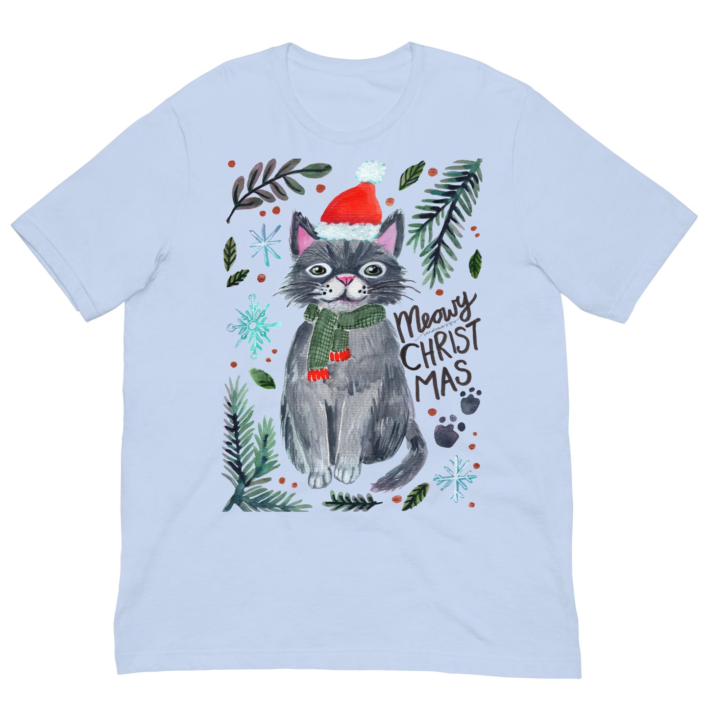 🎄 Meowy Christmas Cat T-Shirt – Whimsical Grey Cat in Green Scarf & Santa Hat 😺🧣✨ Soft & Comfy Holiday Tee - SANDRAAS