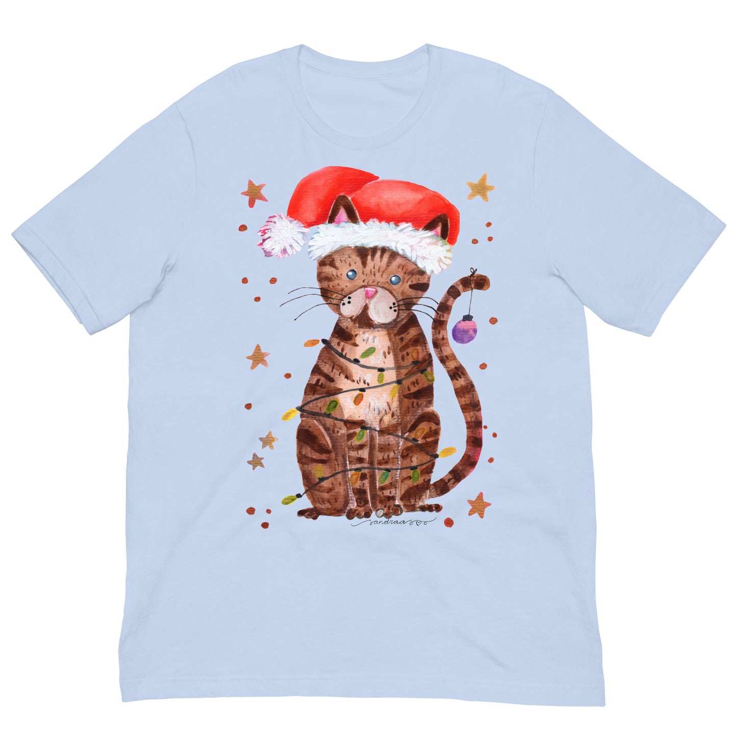 🎄 Christmas Lights Cat T-Shirt – Whimsical Watercolor Cat in Santa Hat Wrapped in Lights 😺💡✨ Soft & Comfy Holiday Tee - SANDRAAS