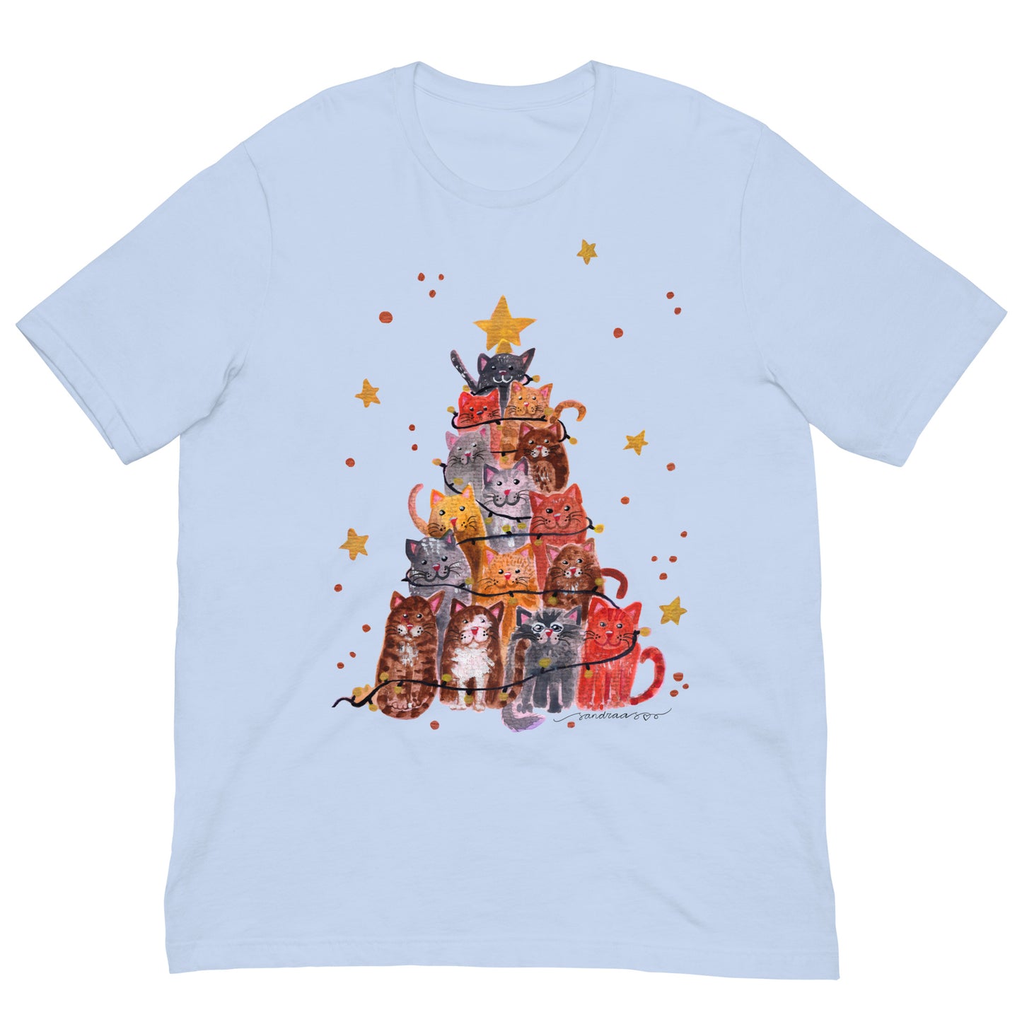 🎄 Christmas Cat Tree T-Shirt – Whimsical Watercolor Cats Stacked as a Christmas Tree 😺🌲✨ Soft & Cozy Holiday Tee - SANDRAAS