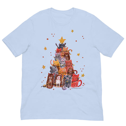 🎄 Christmas Cat Tree T-Shirt – Whimsical Watercolor Cats Stacked as a Christmas Tree 😺🌲✨ Soft & Cozy Holiday Tee - SANDRAAS