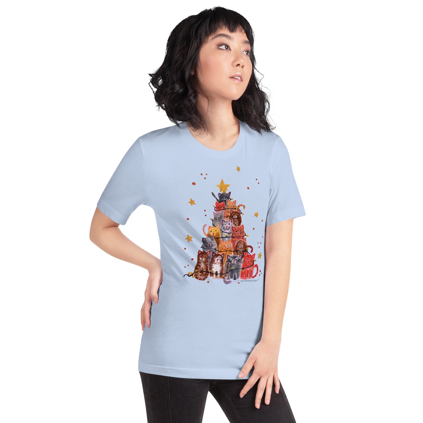 🎄 Christmas Cat Tree T-Shirt – Whimsical Watercolor Cats Stacked as a Christmas Tree 😺🌲✨ Soft & Cozy Holiday Tee - SANDRAAS