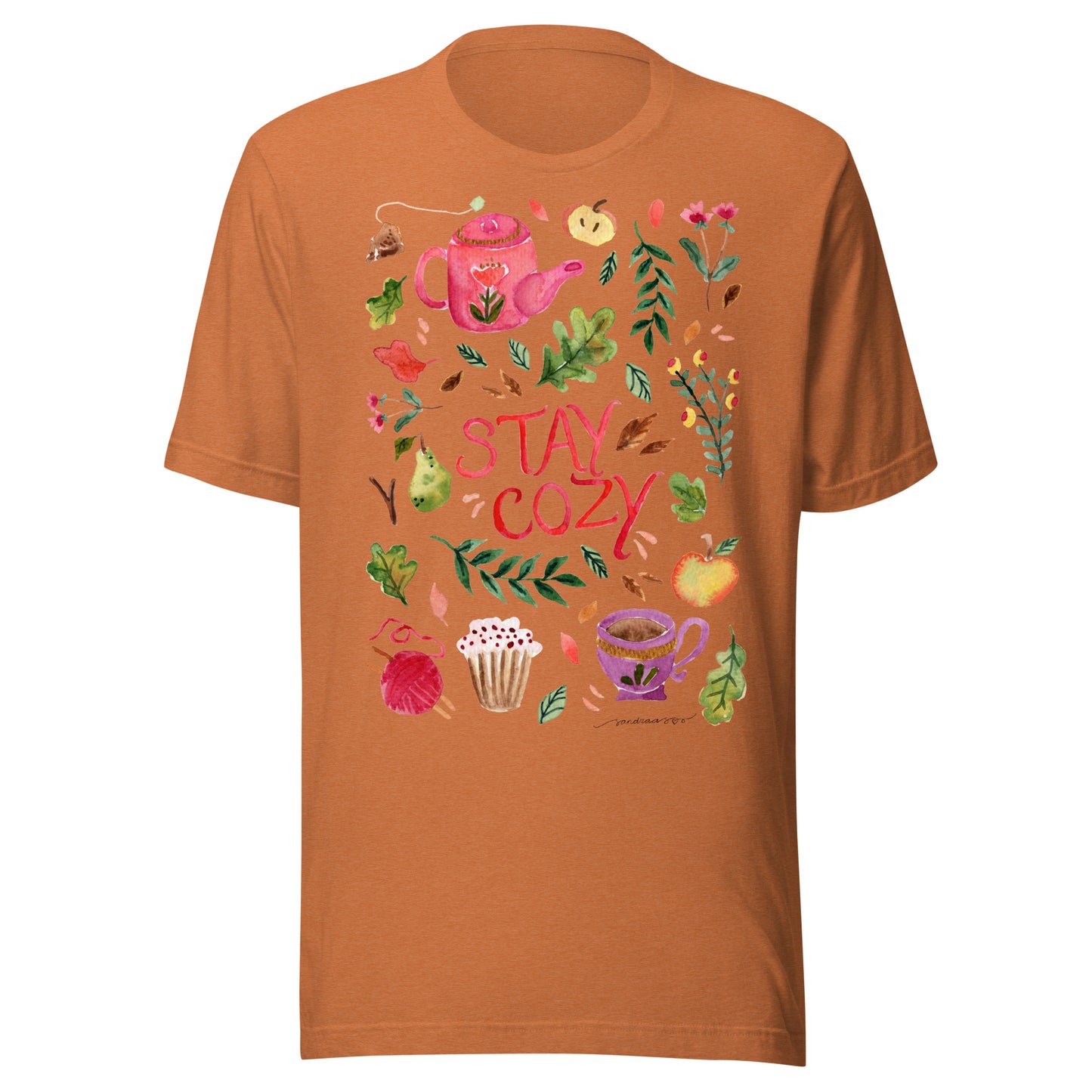 Stay Cozy Women’s Autumn T-Shirt • Watercolor Fall Nature & Tea Illustration • Cozy Season Tee - SANDRAAS