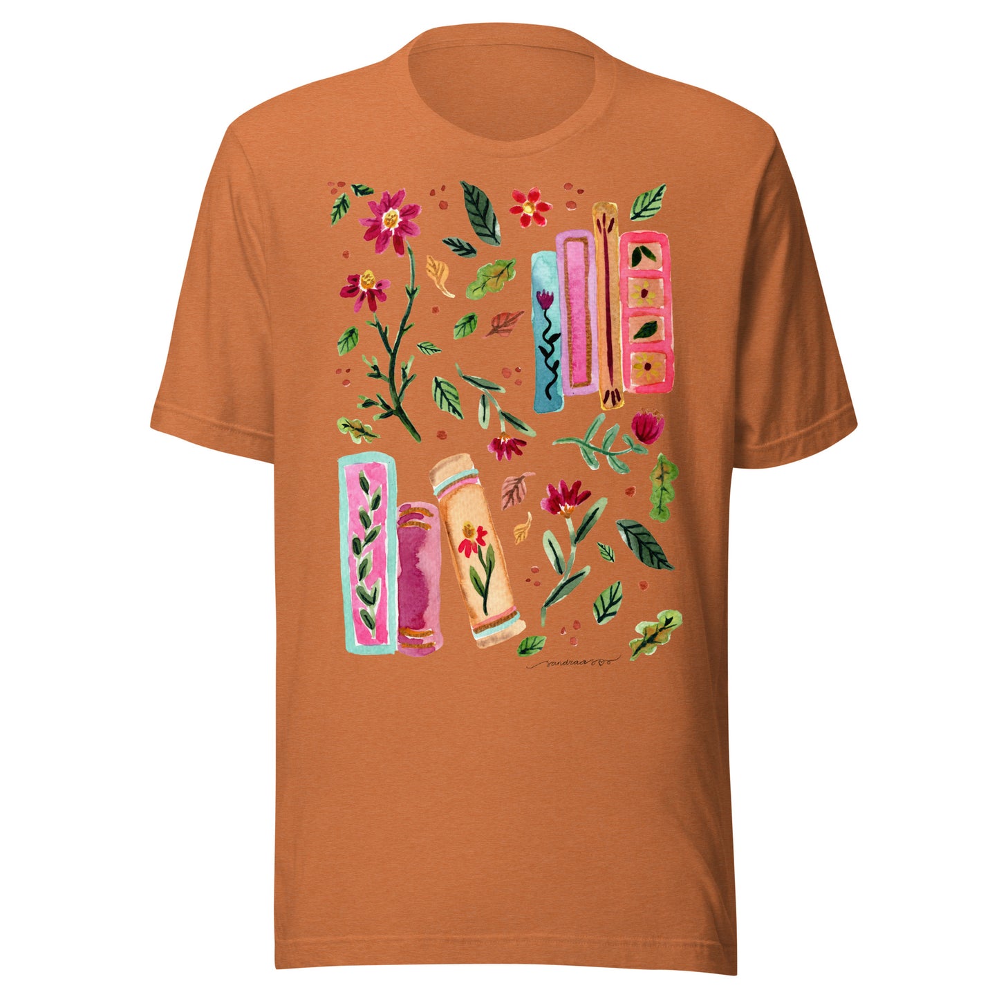Cozy Autumn Women’s T-Shirt • Watercolor Fall Leaves, Flowers & Books Illustration • Nature - Inspired Tee - SANDRAAS
