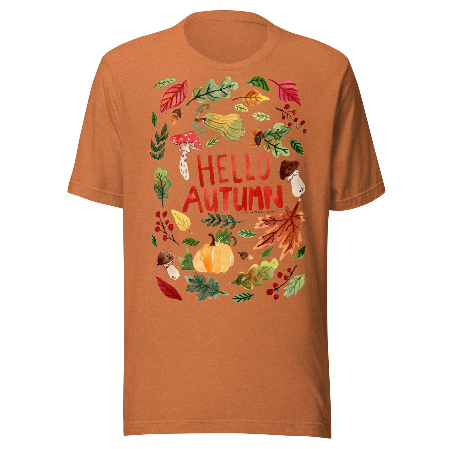Hello Autumn Women’s T-Shirt • Cozy Fall Vibes with Watercolor Pumpkin, Toadstool & Leaves Illustration - SANDRAAS