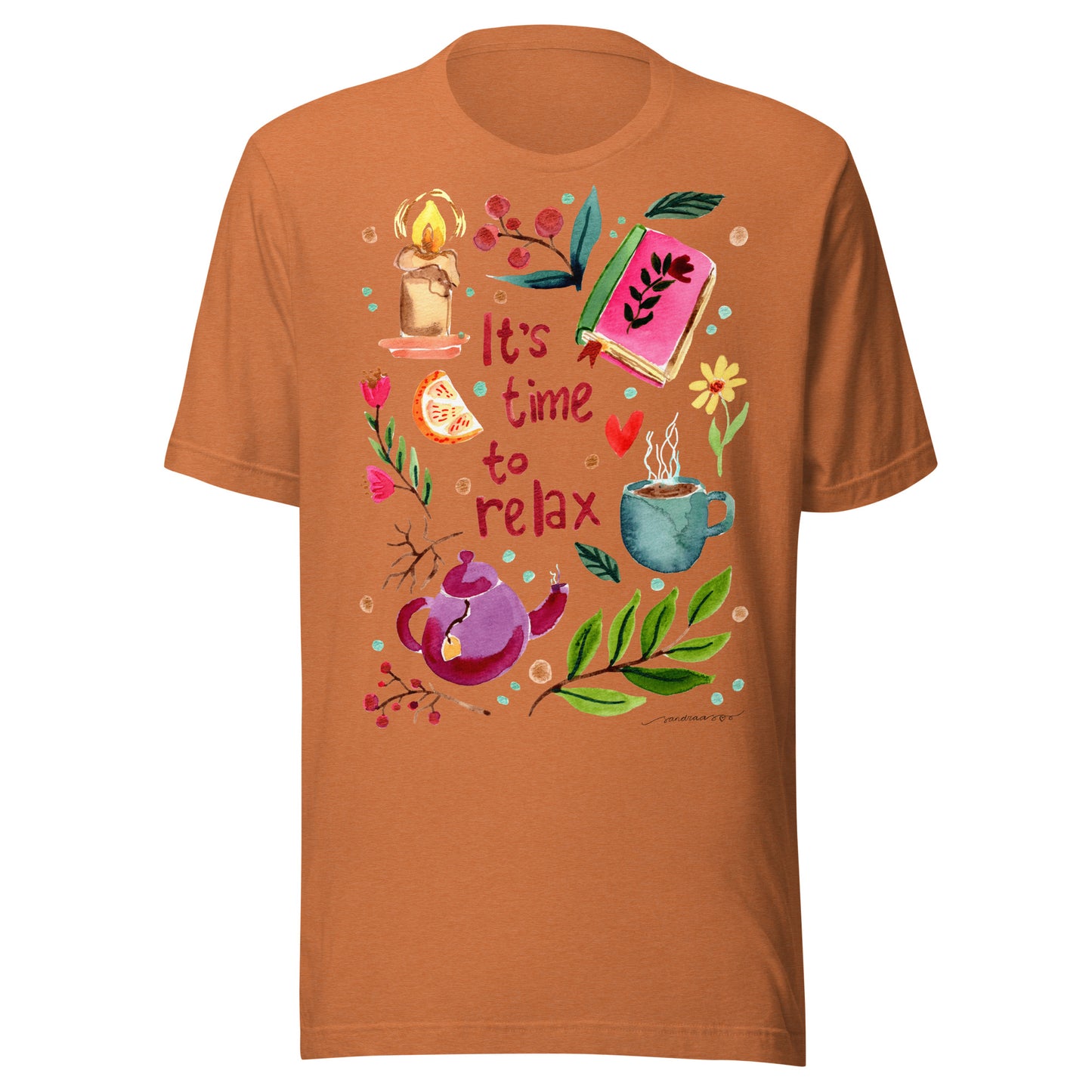 It’s Time to Relax Women’s T-Shirt • Cozy Autumn Watercolor Book, Candle, Teapot & Florals Illustration - SANDRAAS