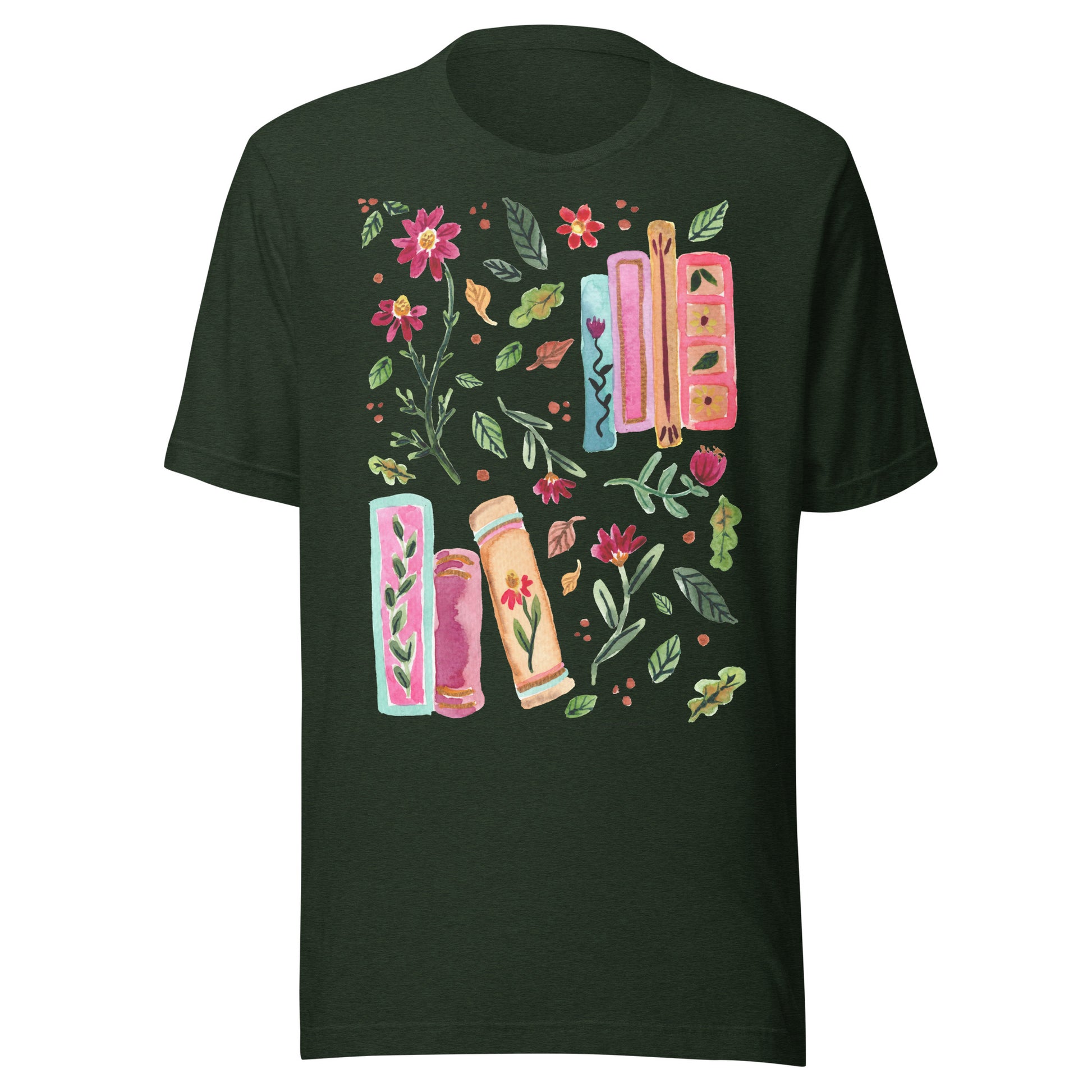 Cozy Autumn Women’s T-Shirt • Watercolor Fall Leaves, Flowers & Books Illustration • Nature - Inspired Tee - SANDRAAS