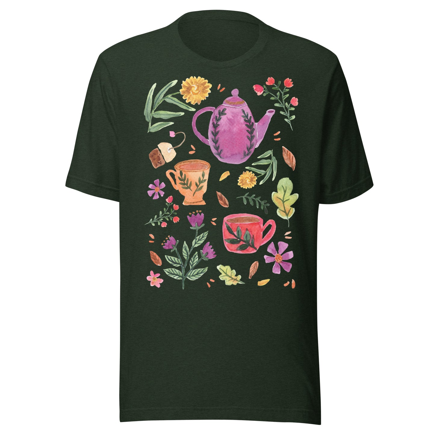 Cozy Tea Time Autumn Women’s T-Shirt • Watercolor Teapot, Teacups & Fall Leaves • Cozy Vibes Tee - SANDRAAS