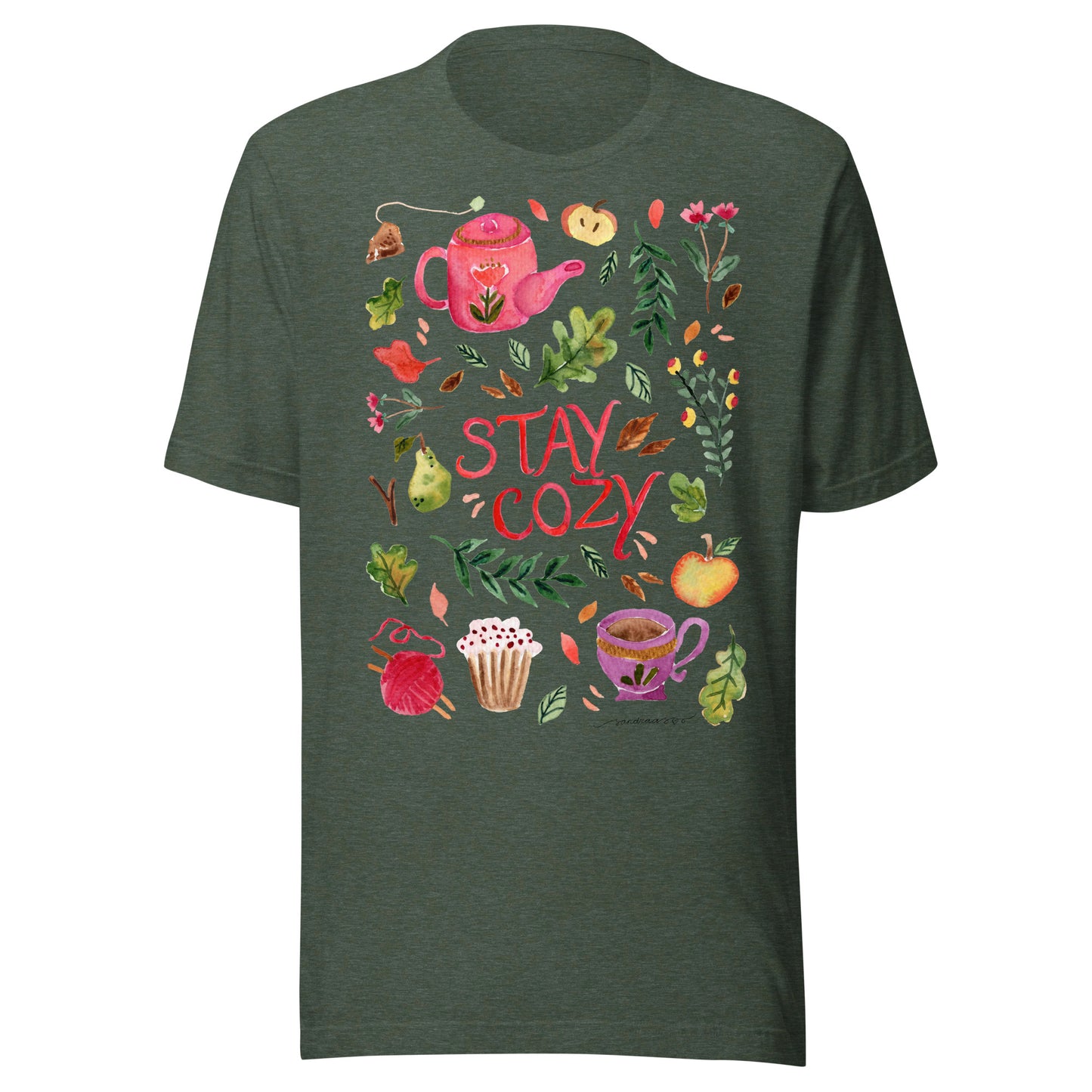 Stay Cozy Women’s Autumn T-Shirt • Watercolor Fall Nature & Tea Illustration • Cozy Season Tee - SANDRAAS